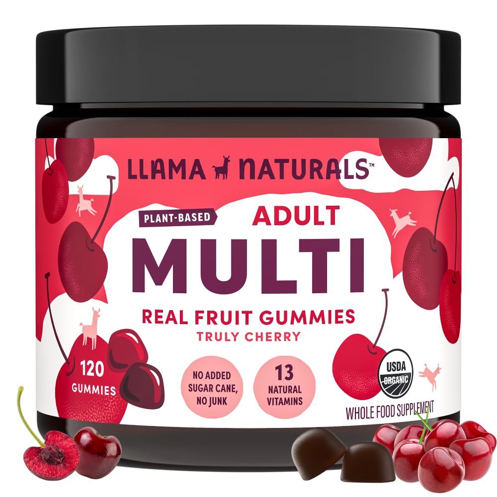Gomitas multivitamínicas de Llama Naturals con fruta real para apoyo diario de energía.