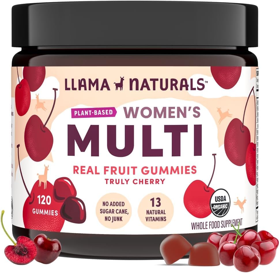 Llama Naturals multivitamínico para mujeres, gominolas de fruta real para energía diaria.