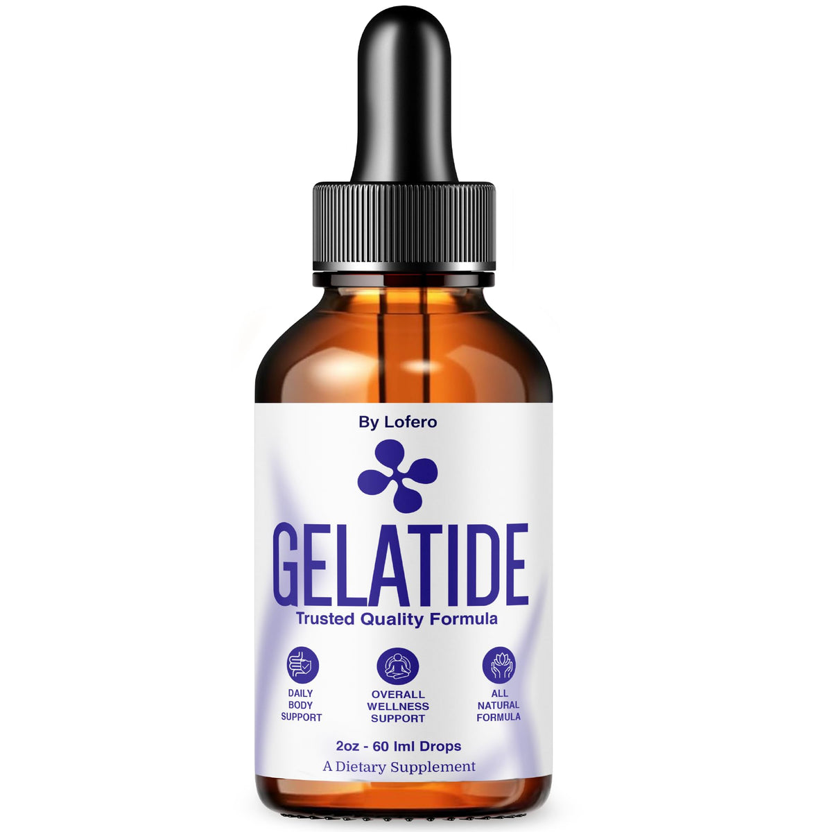 Lofero Gelatide Drops, botella con gotero para energía suave y balance digestivo.