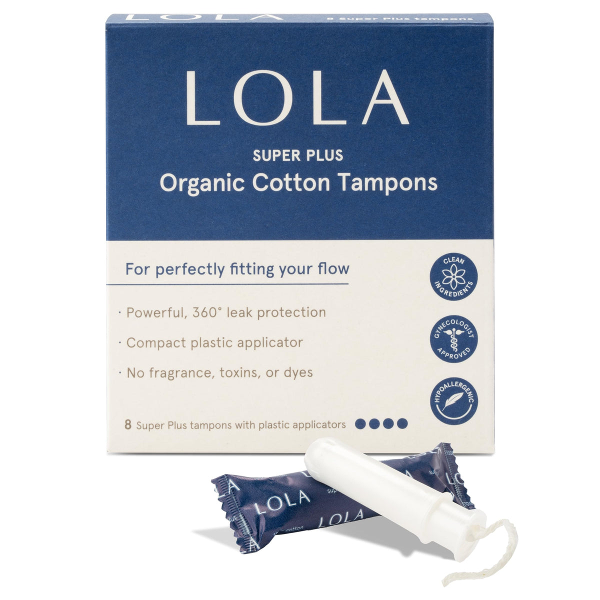 LOLA tampones de algodón orgánico con aplicador plástico compacto para protección diaria.