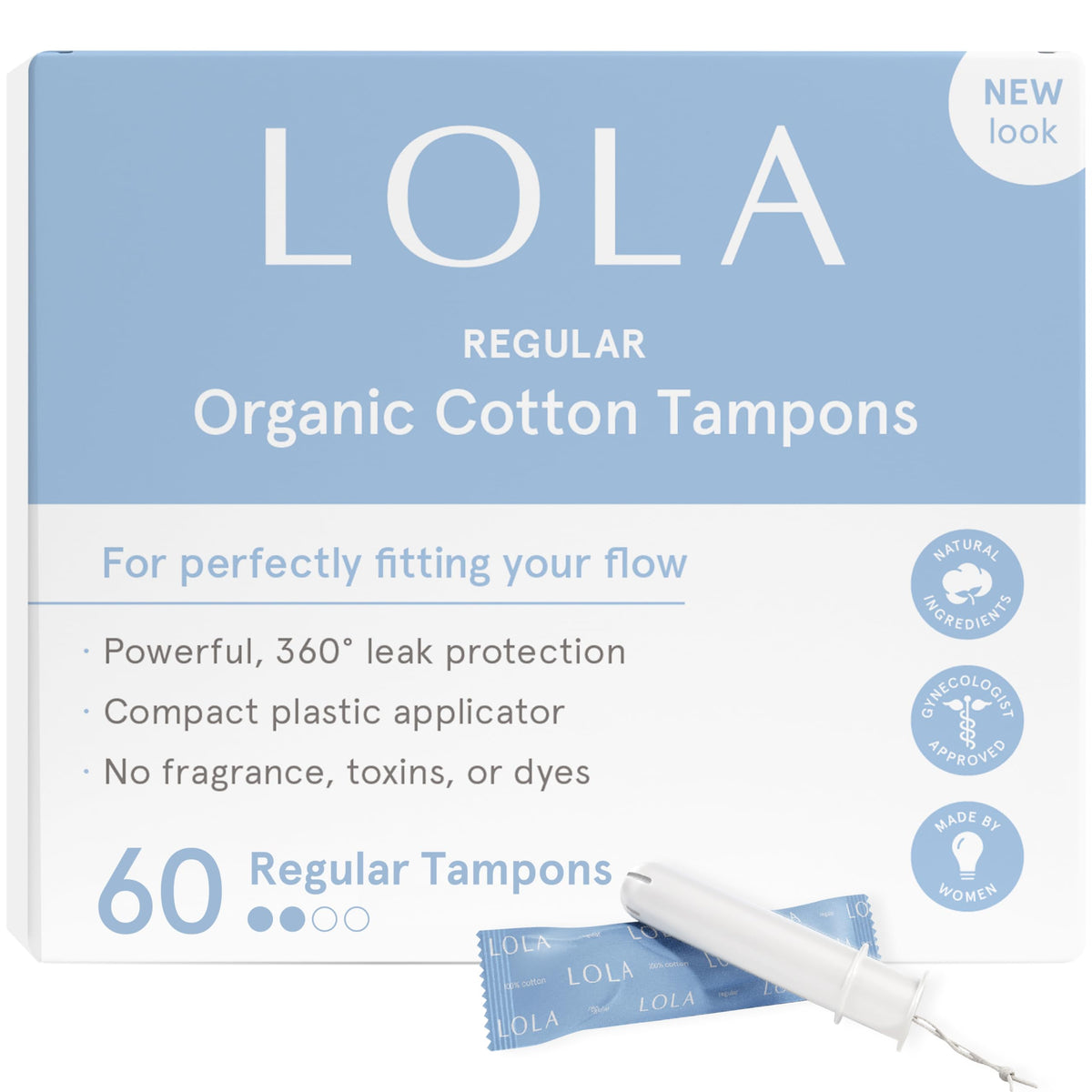 Tampones LOLA de algodón orgánico en caja para uso diario.