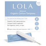 LOLA tampones orgánicos en caja, empaque compacto para uso diario.