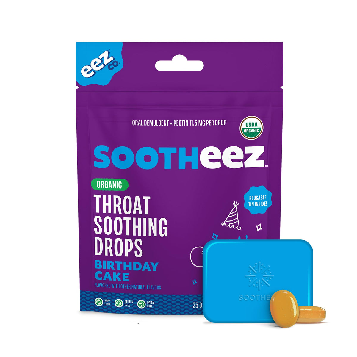Lolleez Sootheez pastillas para garganta sabor pastel, alivio suave para días ocupados.