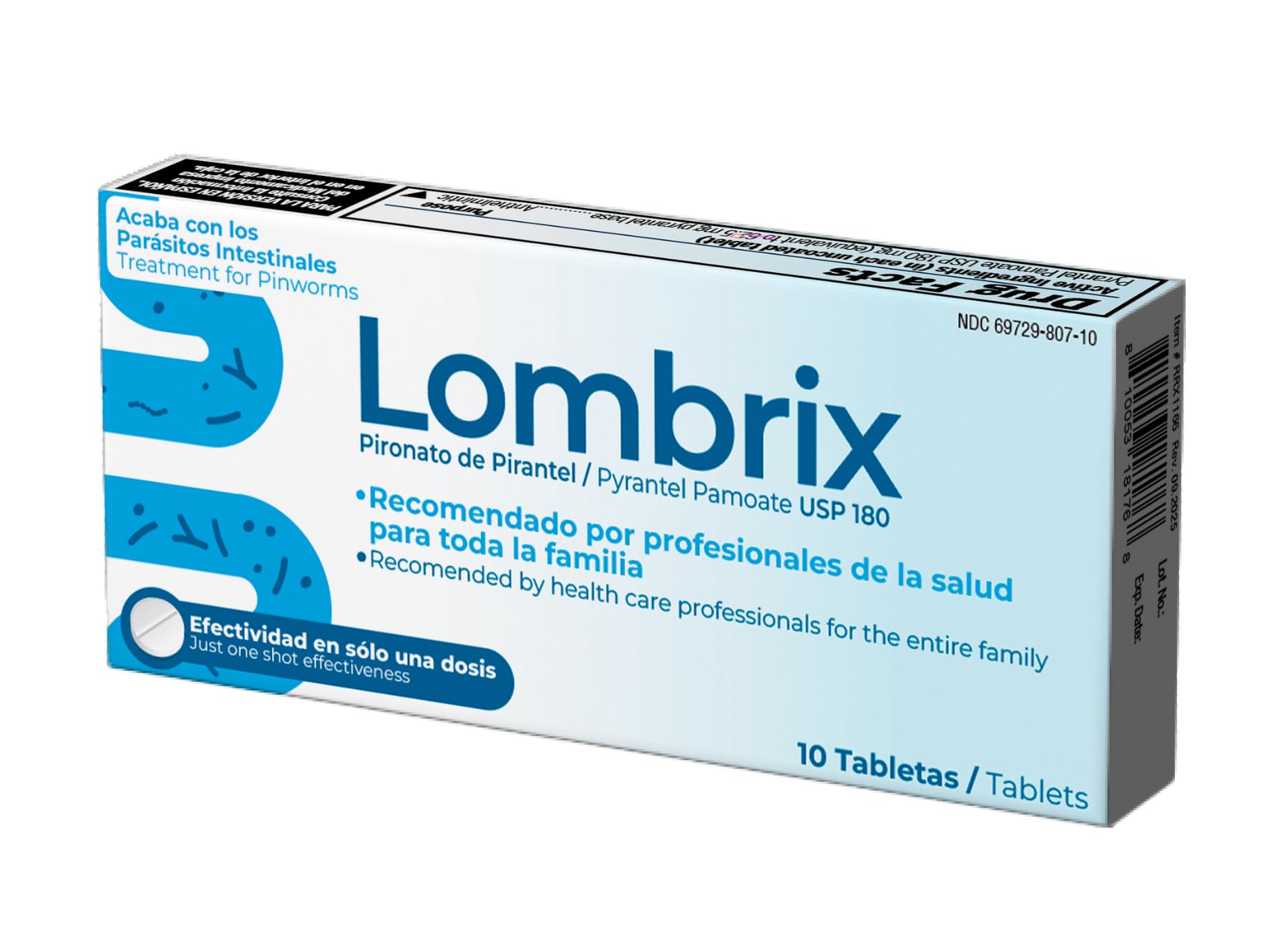Lombrix tabletas 180 mg de pirantel pamoato para apoyo intestinal rápido.