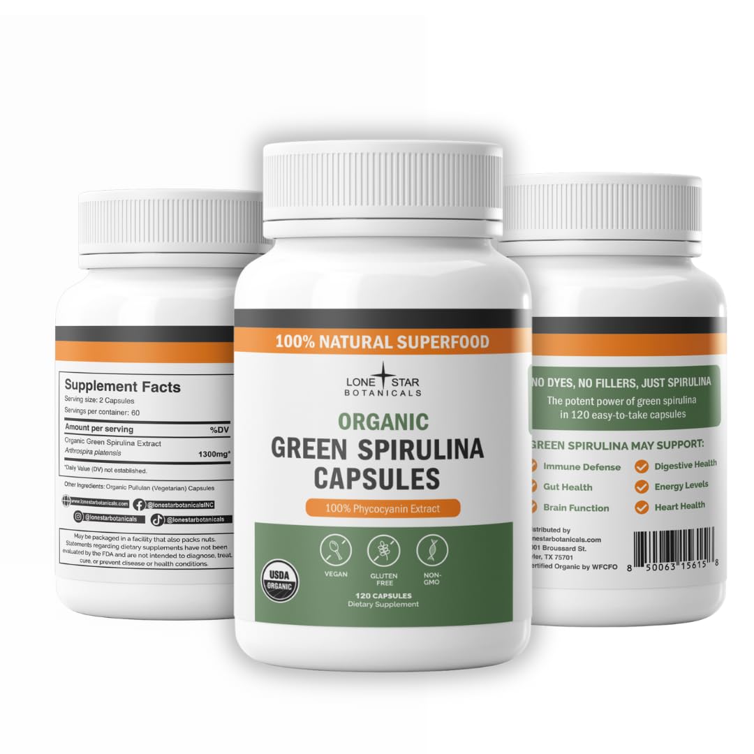 Cápsulas de Lone Star Botanicals Spirulina para uso diario.