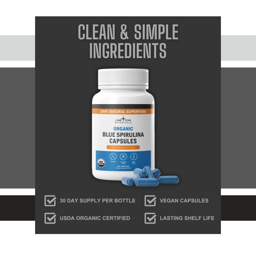 Empaque natural de Lone Star Botanicals Spirulina, diseño limpio y color azul