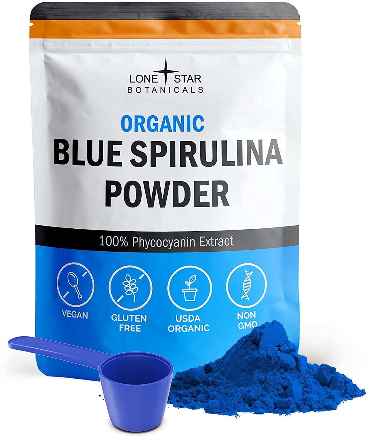 Lone Star Botanicals Espirulina Azul en polvo, color natural para batidos nutritivos.