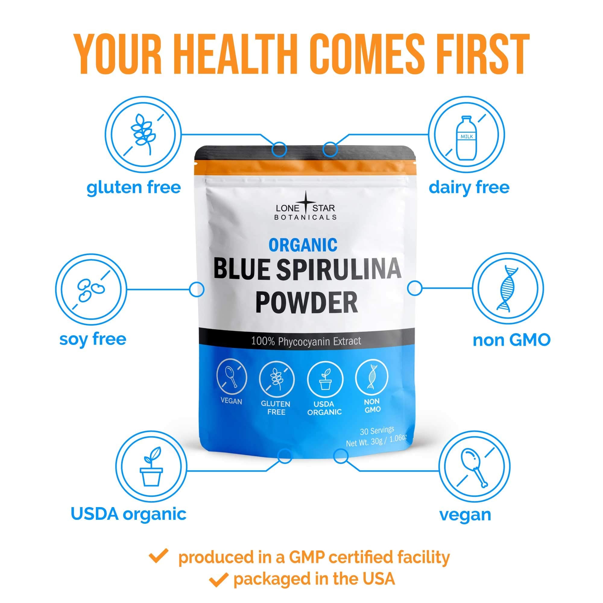 Etiqueta USDA certificada en Lone Star Botanicals espirulina azul