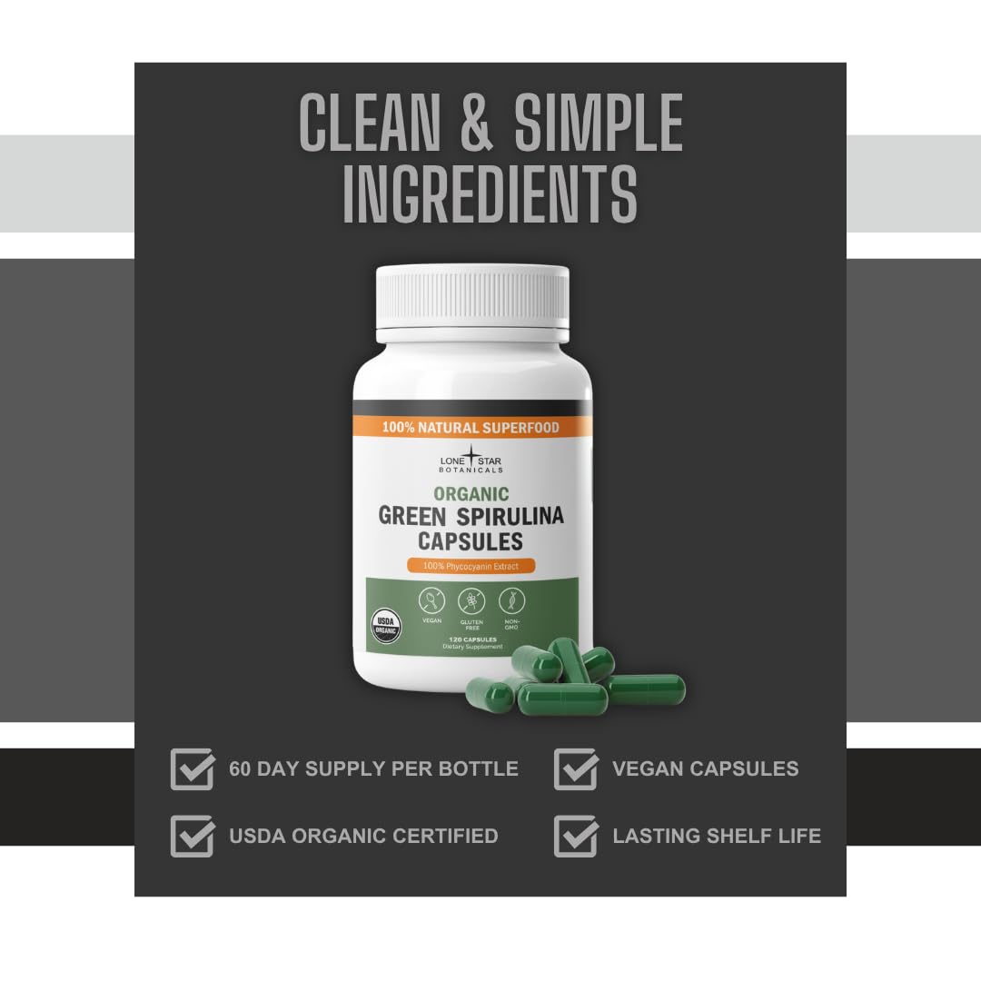 Cápsulas de Spirulina sin olor de Lone Star Botanicals.
