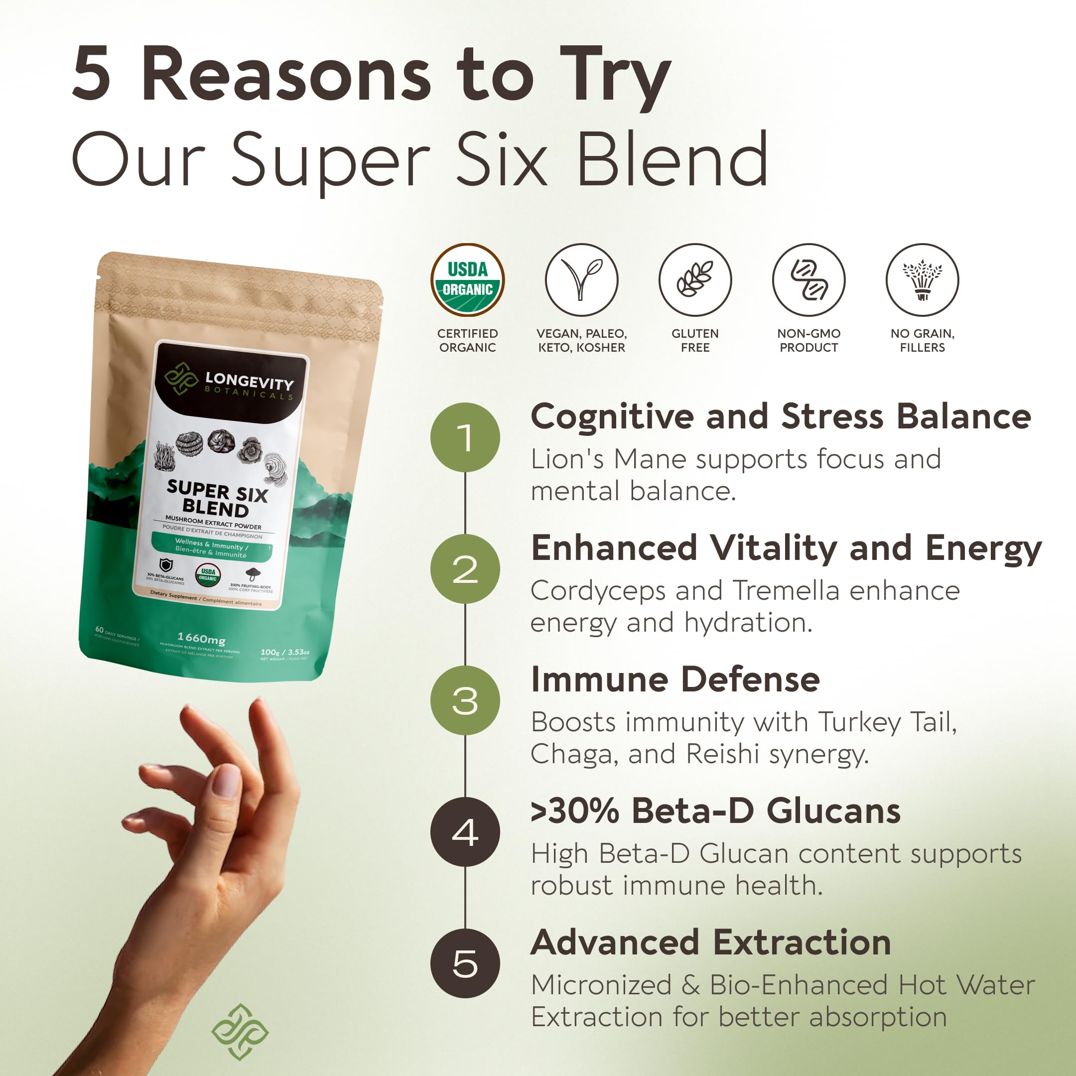 Longevity Botanicals, hongo chaga polvo, beneficios terrosos y antioxidantes naturales.