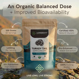 Longevity Botanicals cola de pavo extracto 10:1, textura fina.