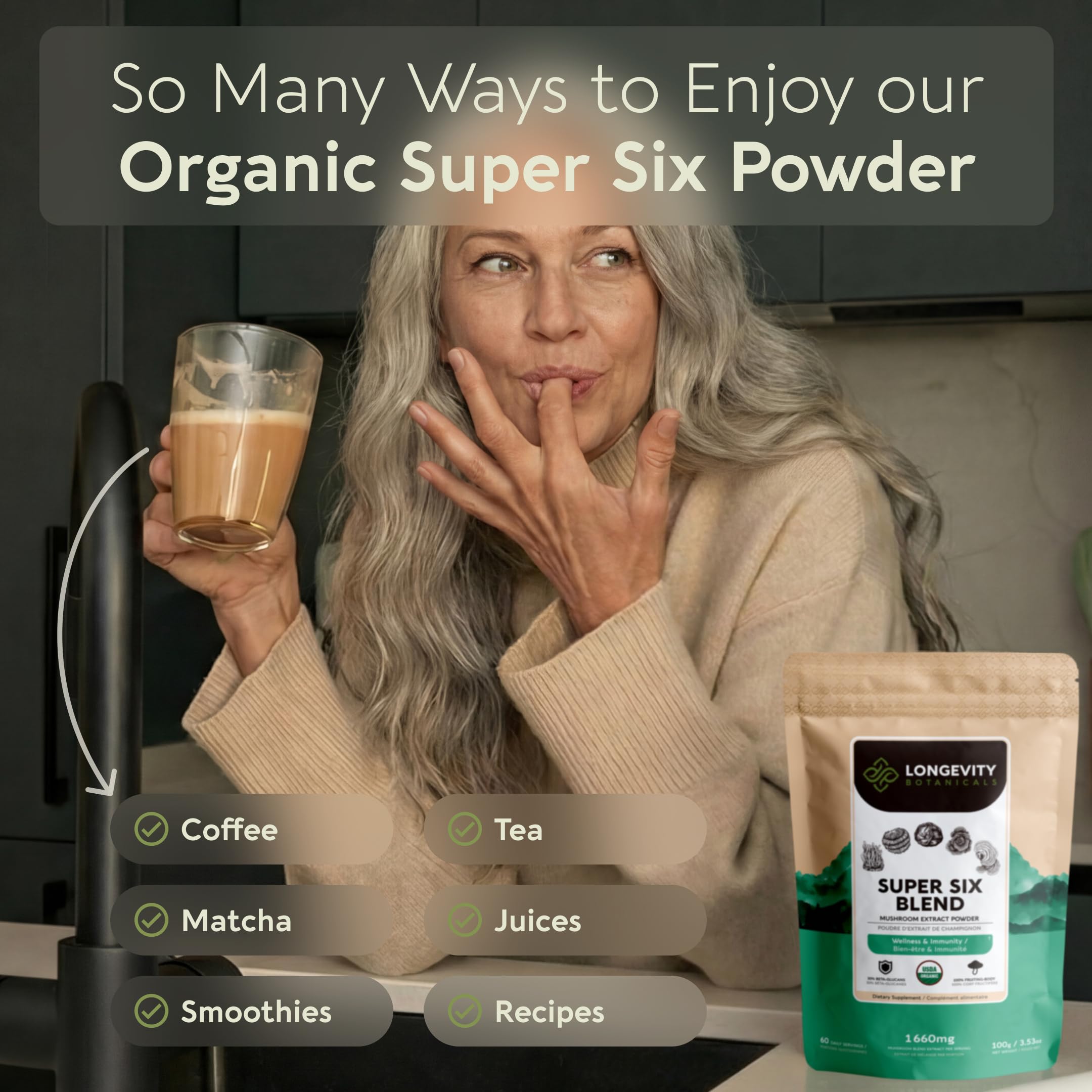 Longevity Botanicals, hongo cola de pavo polvo, apoyo a la inmunidad cotidiana.