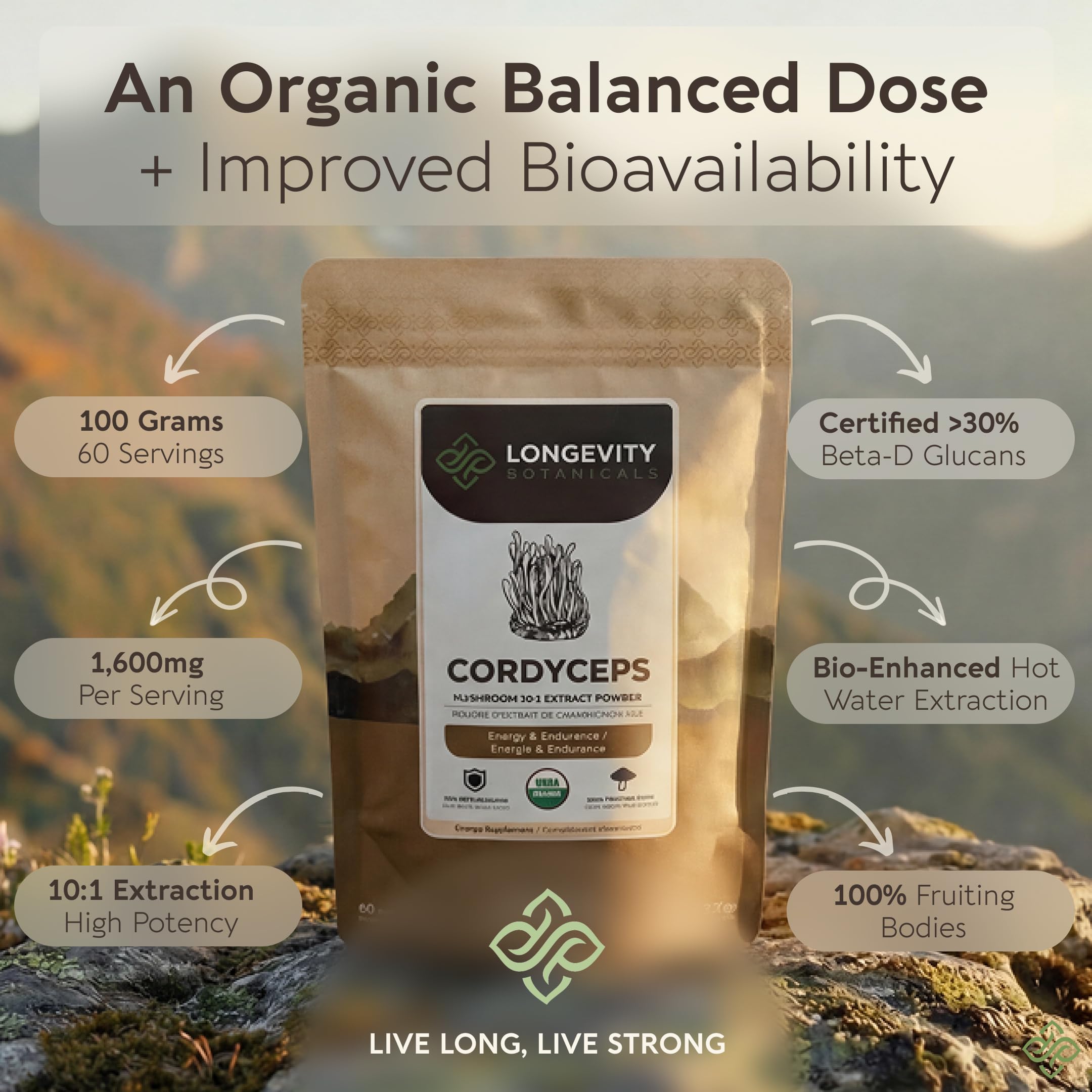 Longevity Botanicals Cordyceps envase de vidrio mostrando etiqueta de calidad