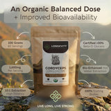 Longevity Botanicals Cordyceps envase de vidrio mostrando etiqueta de calidad
