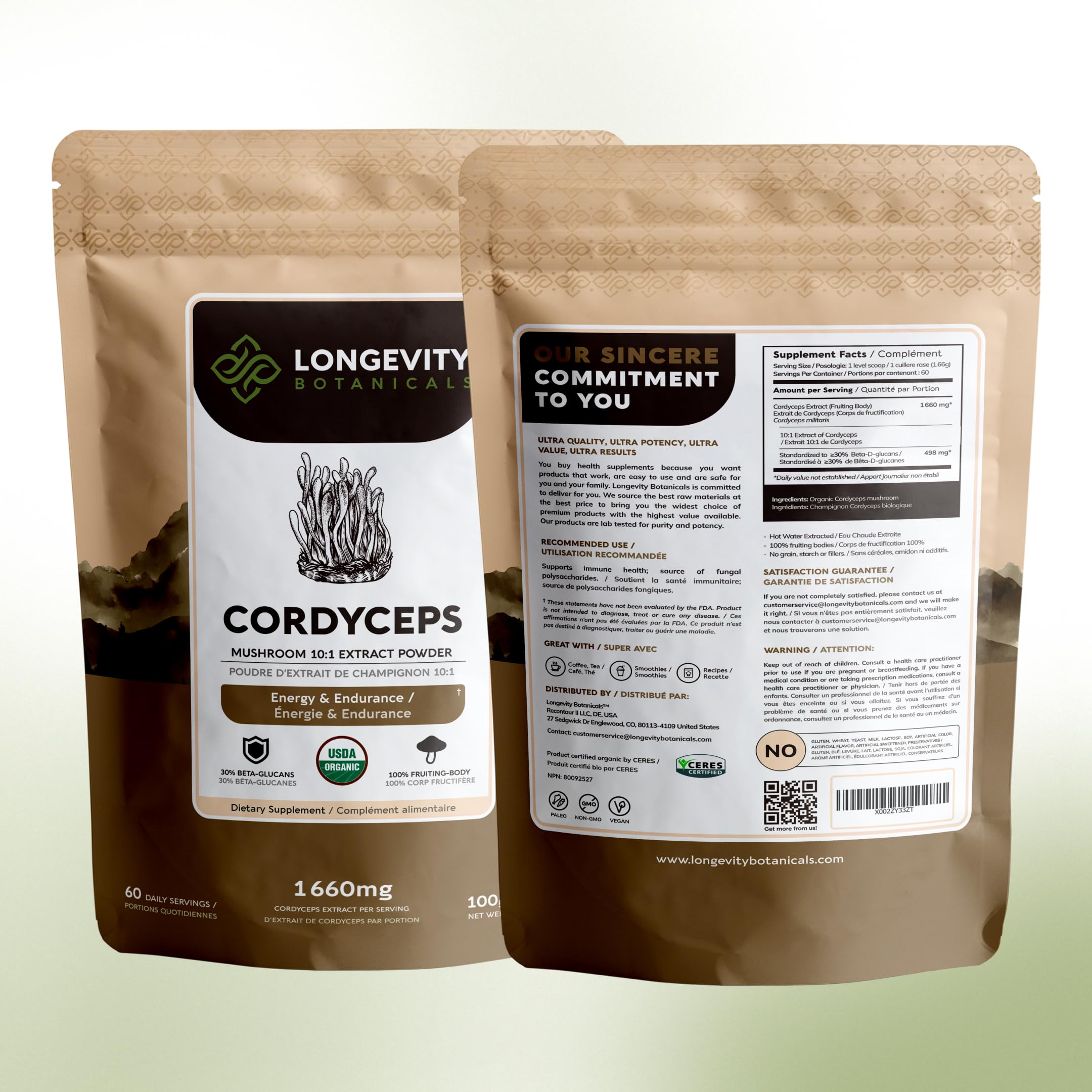 Color y textura del polvo Cordyceps Longevity Botanicals