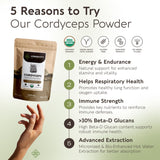 Etiqueta de Cordyceps Longevity Botanicals con beta-D-glucanos y porciones