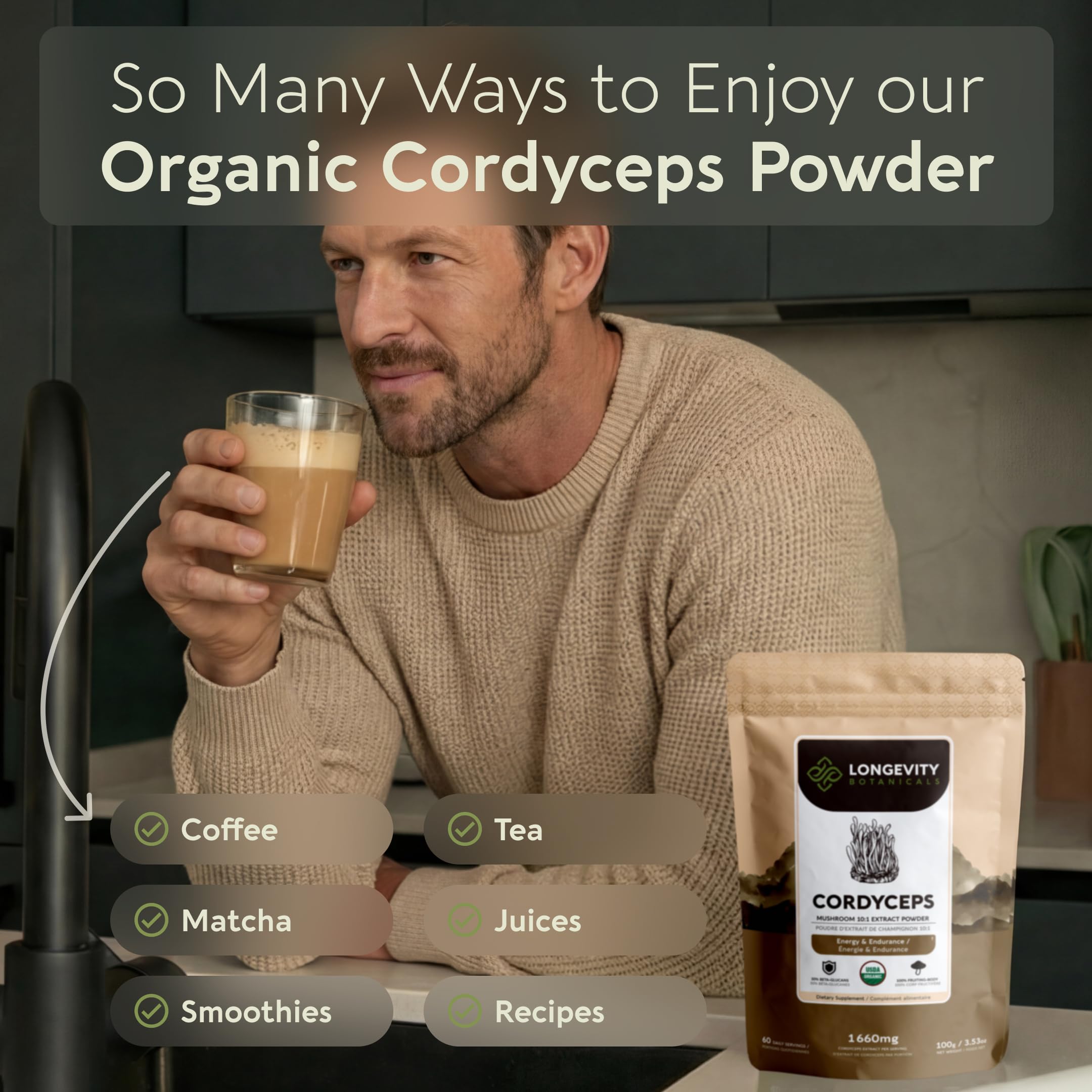 Extracto Cordyceps Longevity Botanicals 10:1, textura fina y mezclable