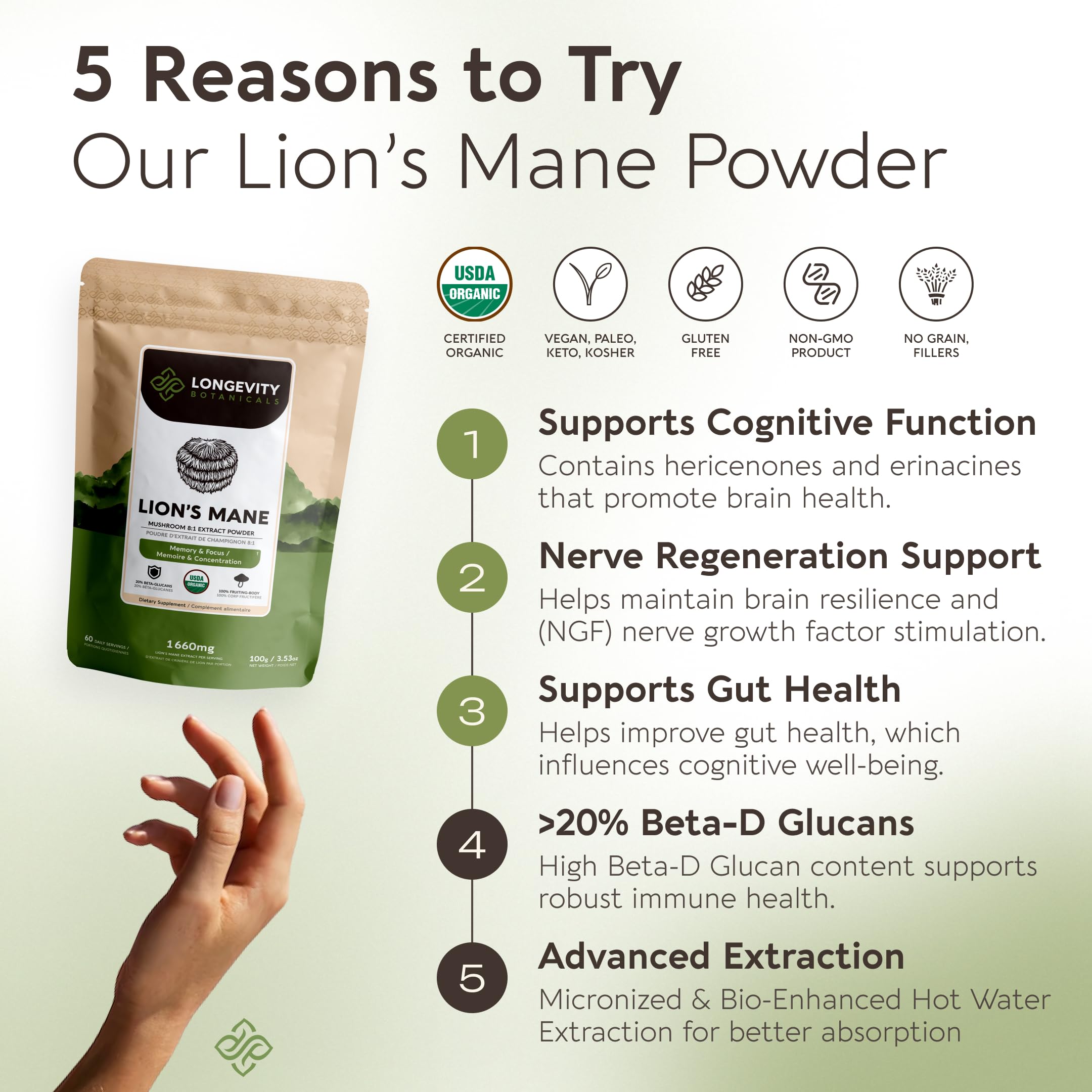 Longevity Botanicals Cucharita medidora incluida, dosis precisa para cada porción.