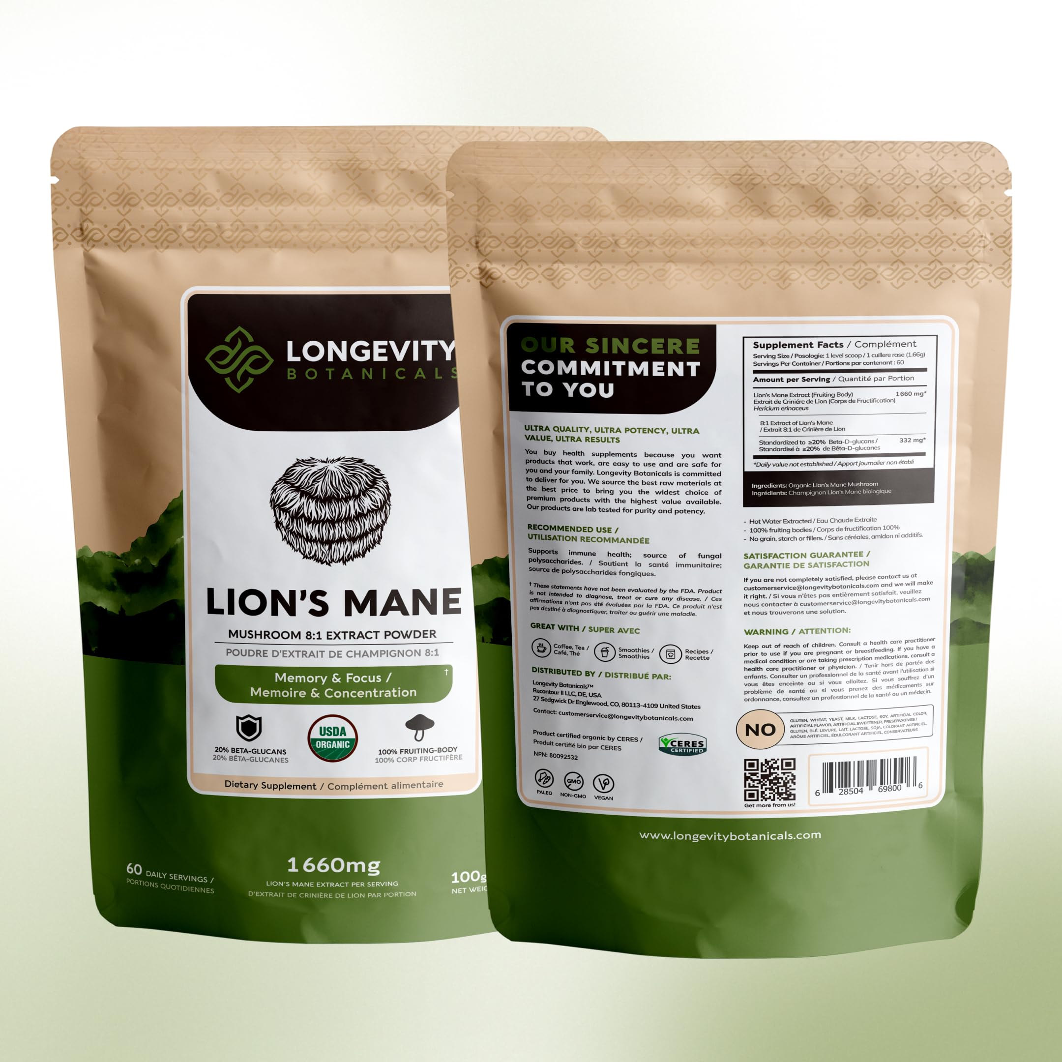 Longevity Botanicals Detalle beta-glucanos, concentración para balance diario.