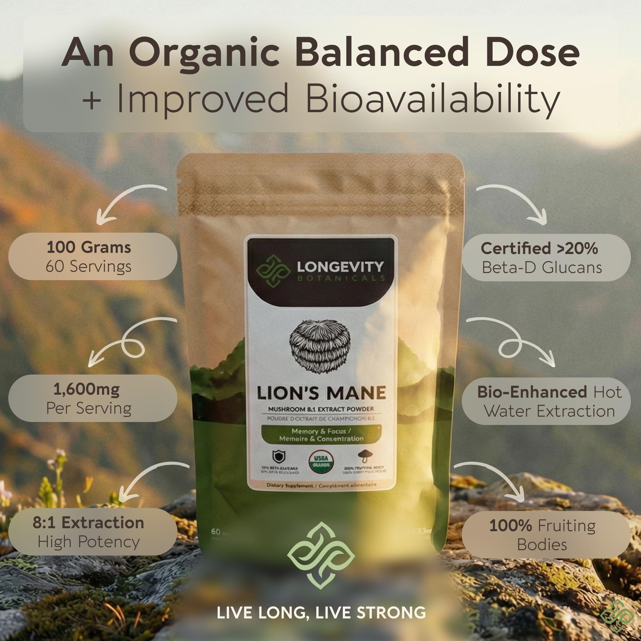 Longevity Botanicals Hongo Cabeza de León empaque, origen orgánico, pureza de hongo.