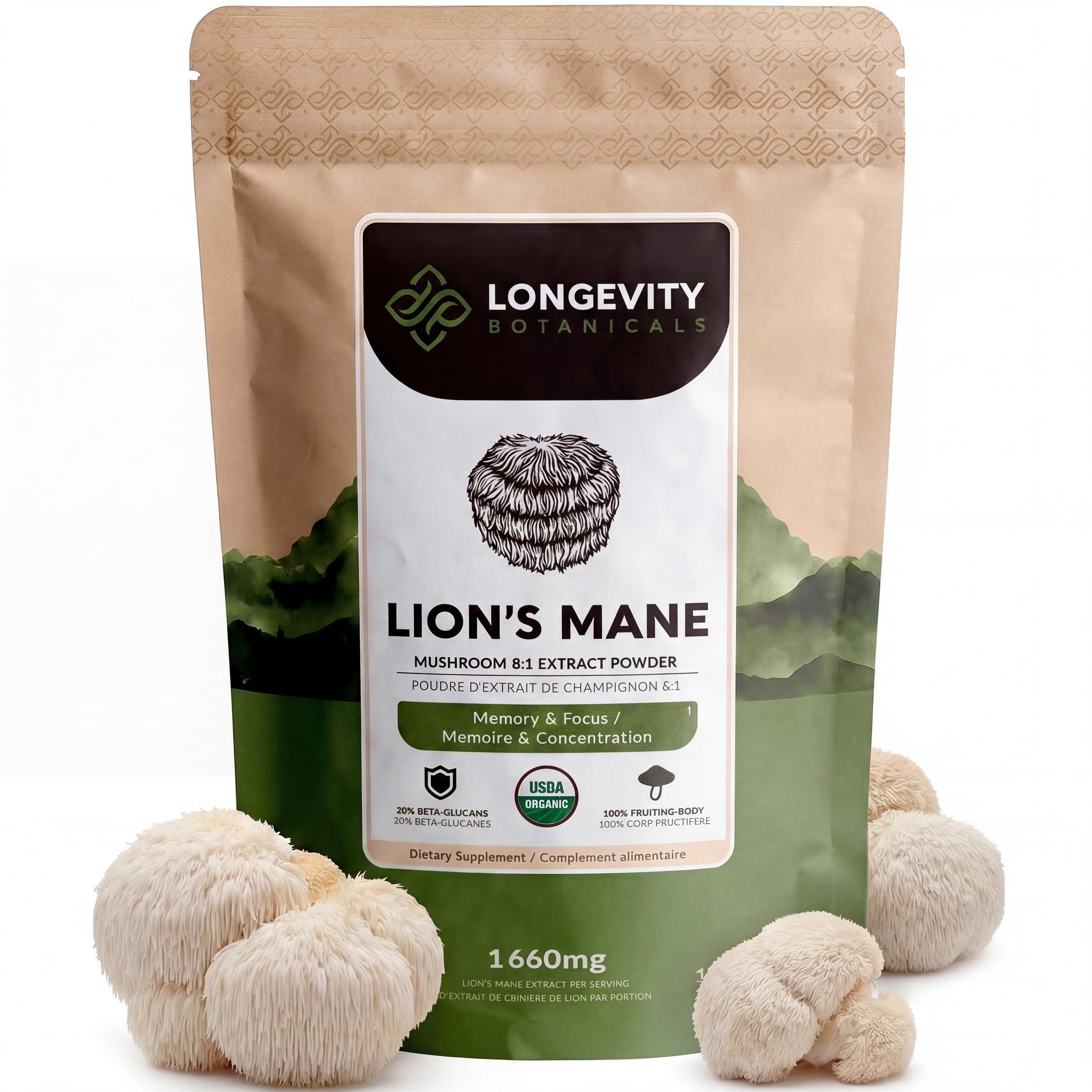Longevity Botanicals Hongo Cabeza de León polvo 8:1, extracto de frutos para claridad mental.