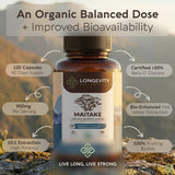 Longevity Botanicals Maitake: botella trasera con información de la etiqueta