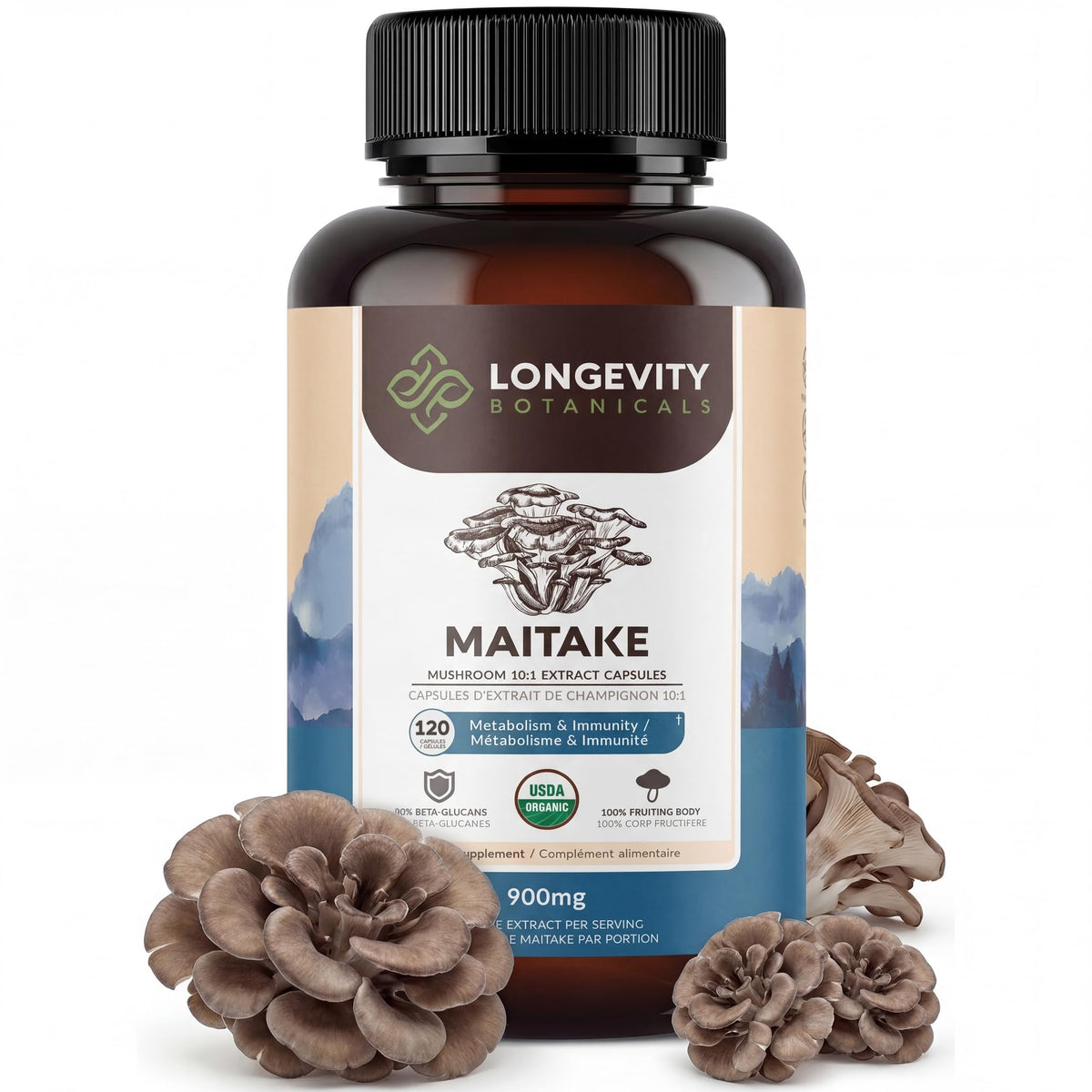 Longevity Botanicals Maitake: botella frontal con cápsulas para salud intestinal
