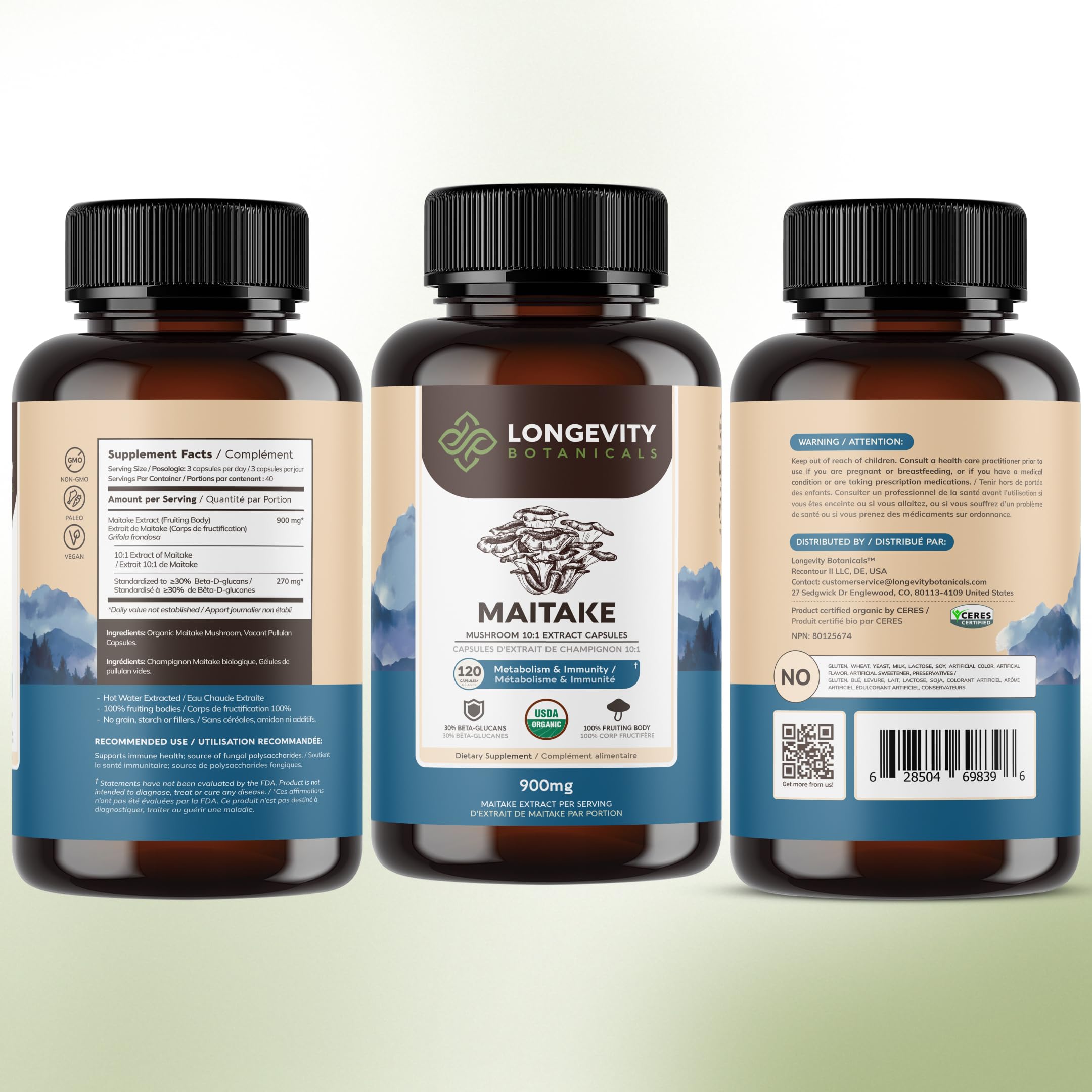 Longevity Botanicals Maitake: símbolo vegano y envase sin gluten
