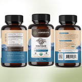 Longevity Botanicals Maitake: símbolo vegano y envase sin gluten