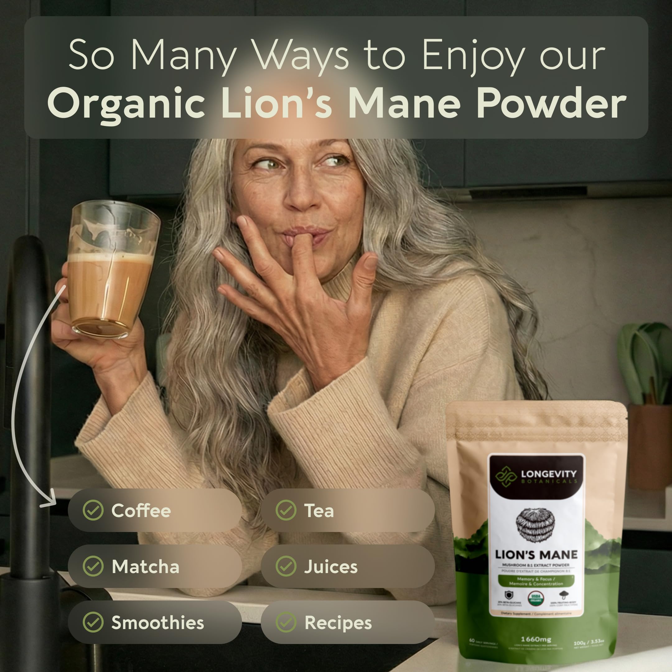 Longevity Botanicals Polvo Cabeza de León, disolución fácil para bebidas matutinas.
