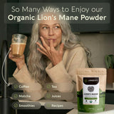 Longevity Botanicals Polvo Cabeza de León, disolución fácil para bebidas matutinas.