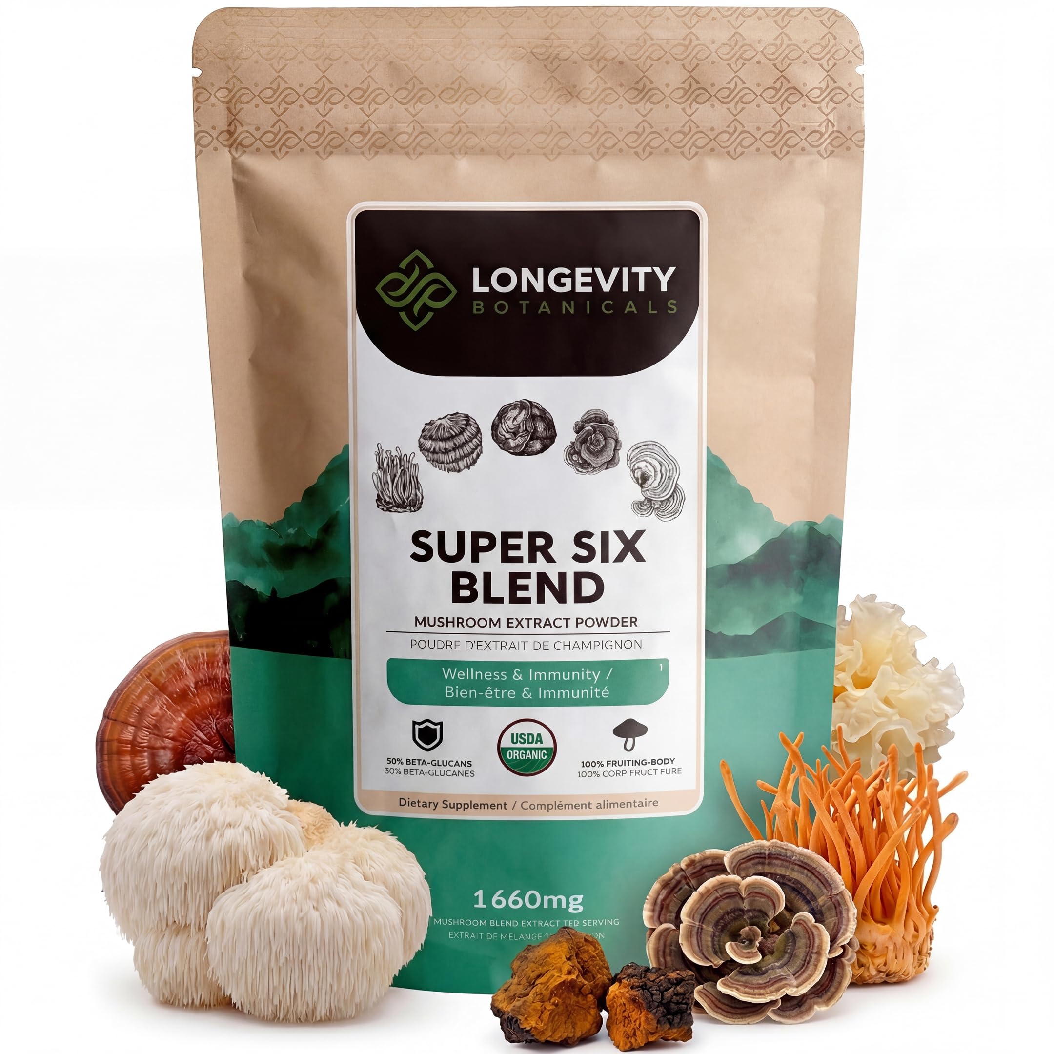 Longevity Botanicals, polvo de seis hongos, apoyo a la vitalidad diaria.