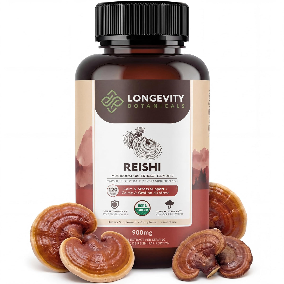 Longevity Botanicals Reishi cápsulas en botella para bienestar diario.