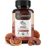 Longevity Botanicals Reishi cápsulas en botella para bienestar diario.