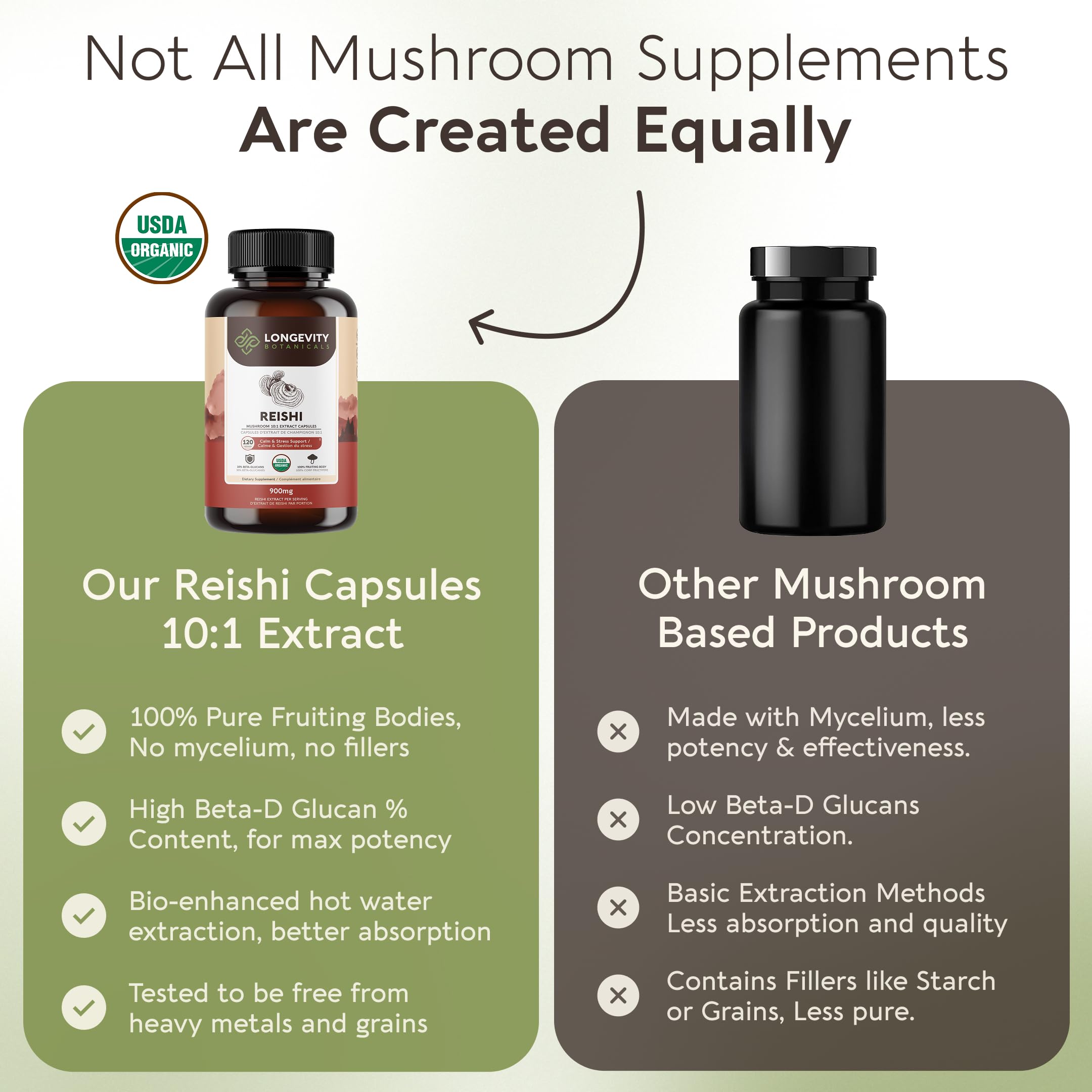 Longevity Botanicals Reishi en caja para almacenamiento sencillo.