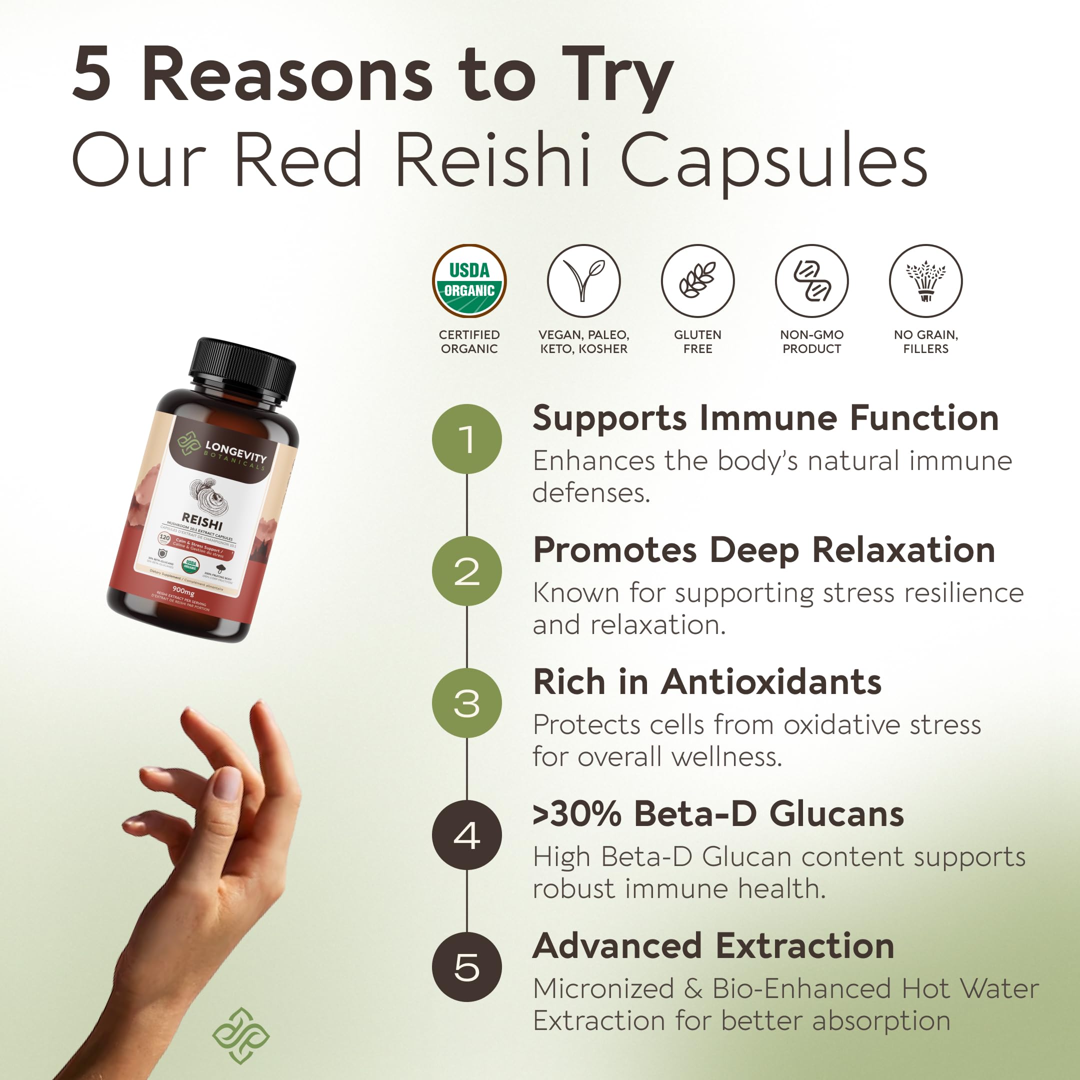 Longevity Botanicals Reishi cápsulas con agua para ingerir.