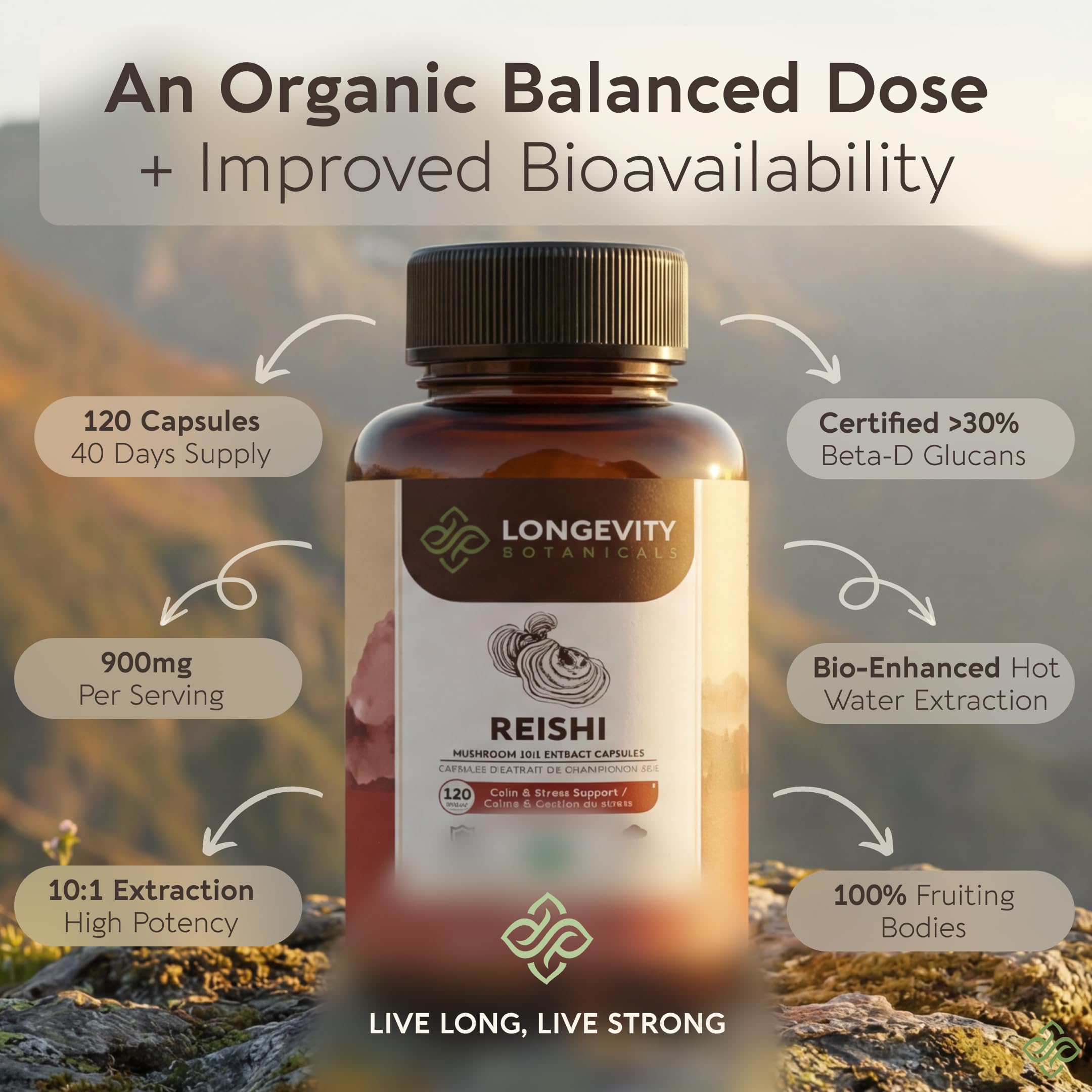Etiqueta de Longevity Botanicals Reishi muestra certificación orgánica.