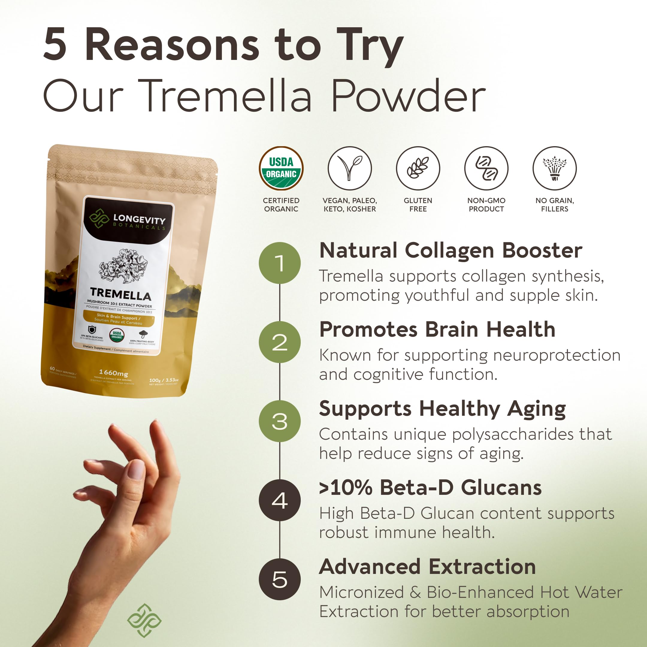Longevity Botanicals Tremella beta-glucanos 10% para apoyo al sistema inmune y bienestar diario.