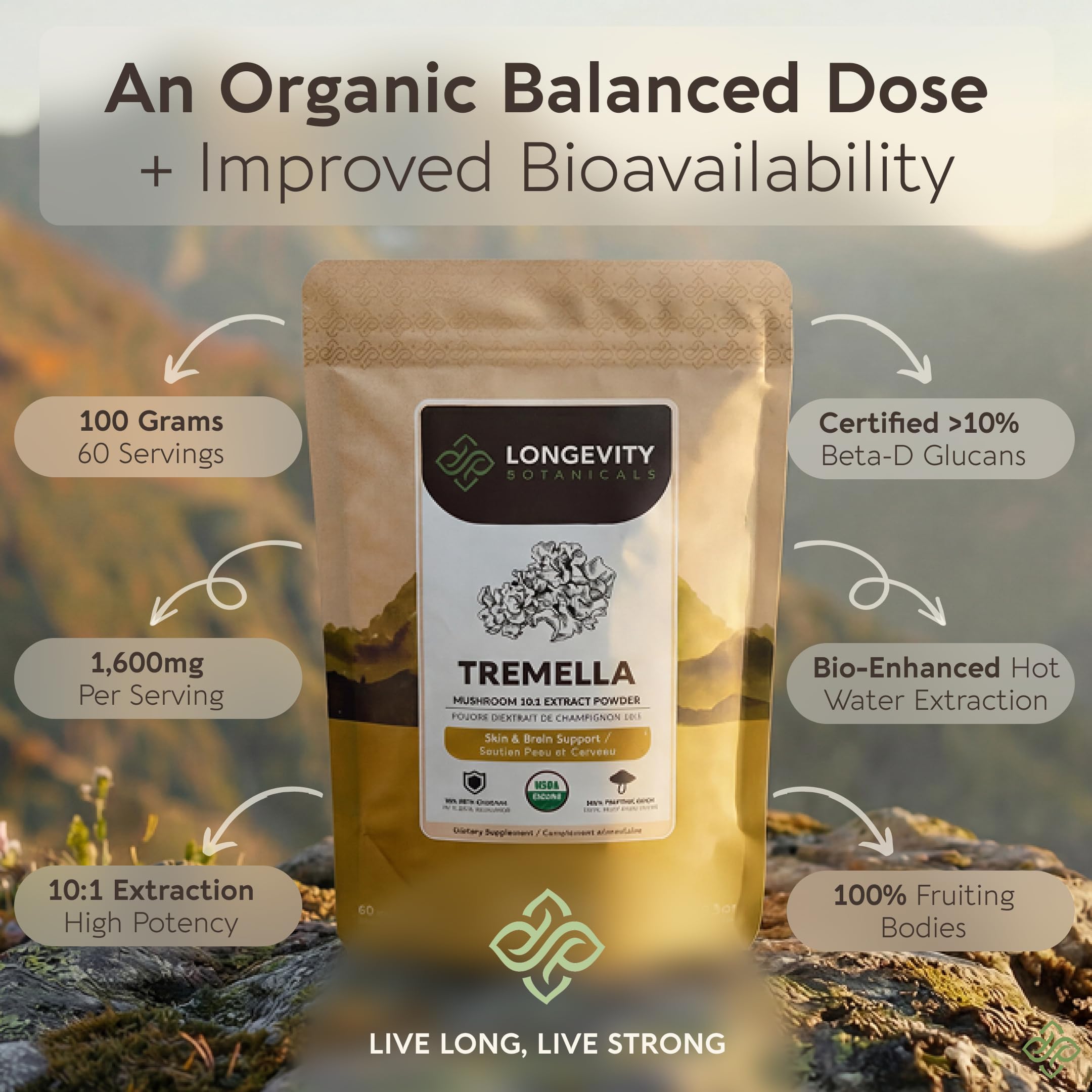 Longevity Botanicals Tremella cuchara y mezcla para una experiencia suave y rápida.