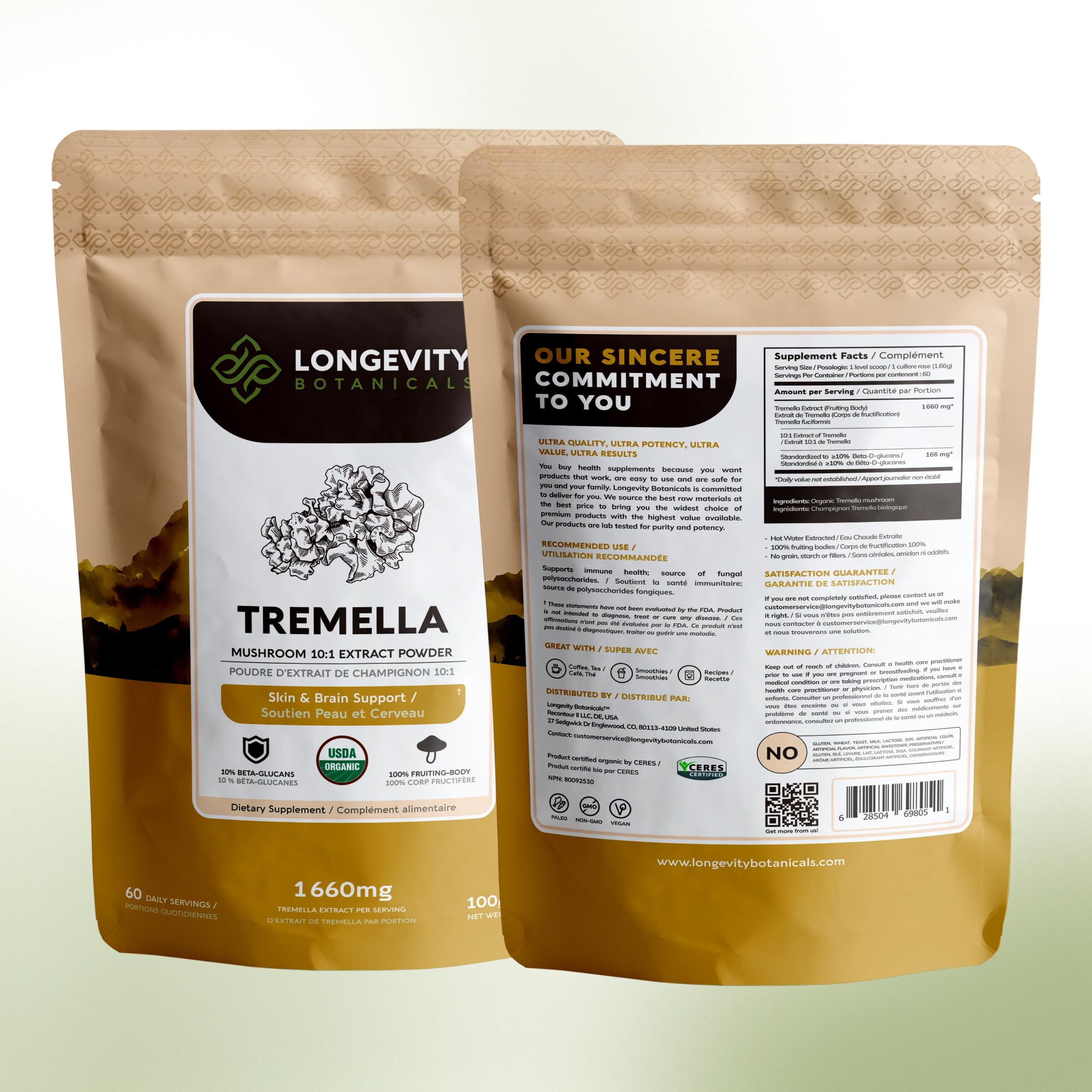 Longevity Botanicals Tremella dosis de 1,660 mg por porción para uso diario cómodo.