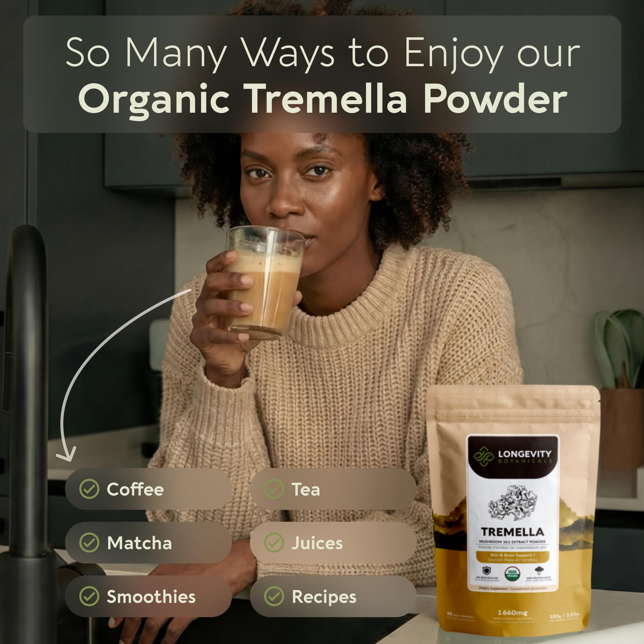 Longevity Botanicals Tremella extracción de agua caliente para textura ultrafina y mezcla suave.