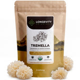 Longevity Botanicals Tremella polvo en envase para hidratación de la piel y nutrición diaria.