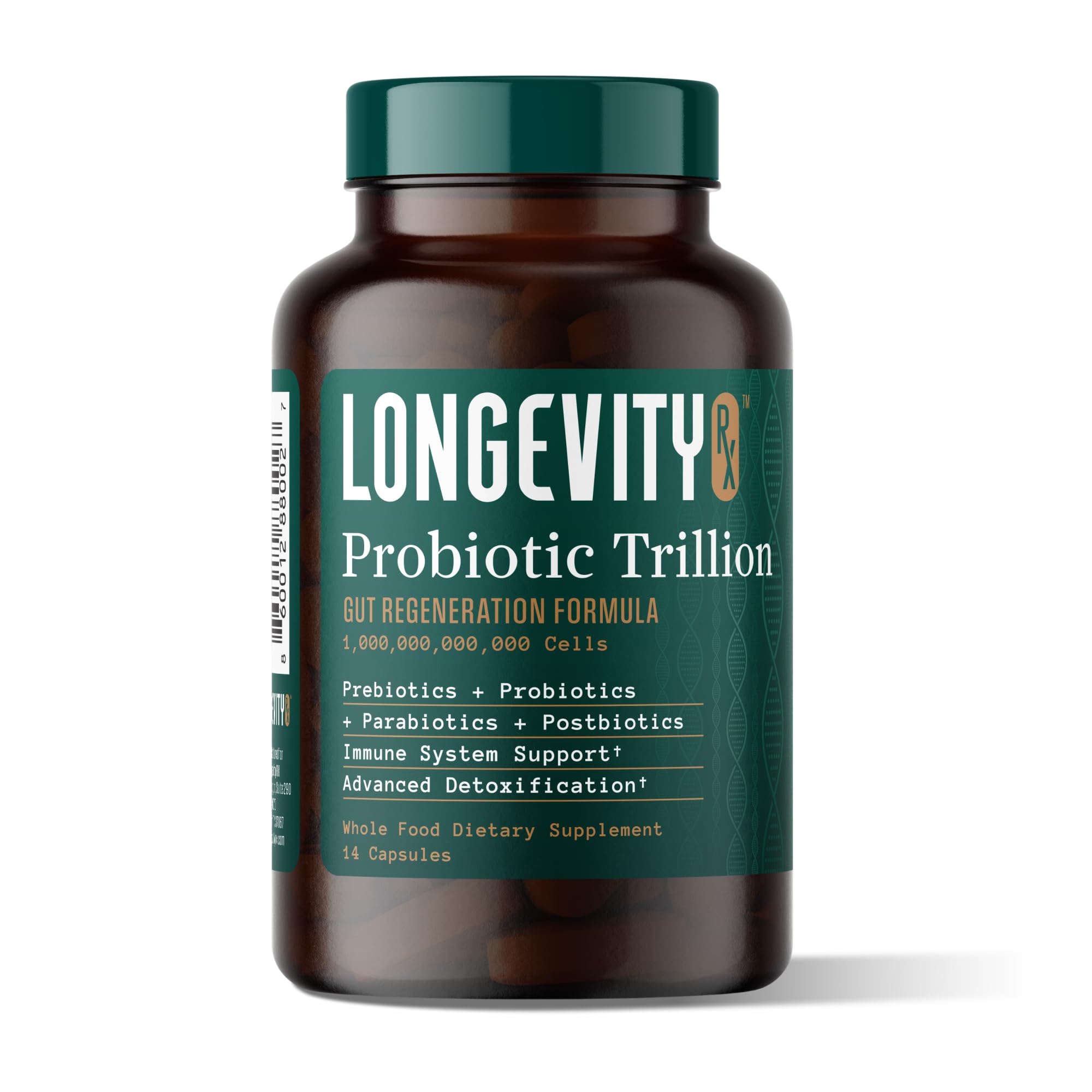 Longevity Rx Probiótico Trillón, frasco frontal, apoya equilibrio intestinal y bienestar diario