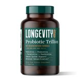 Longevity Rx Probiótico Trillón, frasco frontal, apoya equilibrio intestinal y bienestar diario