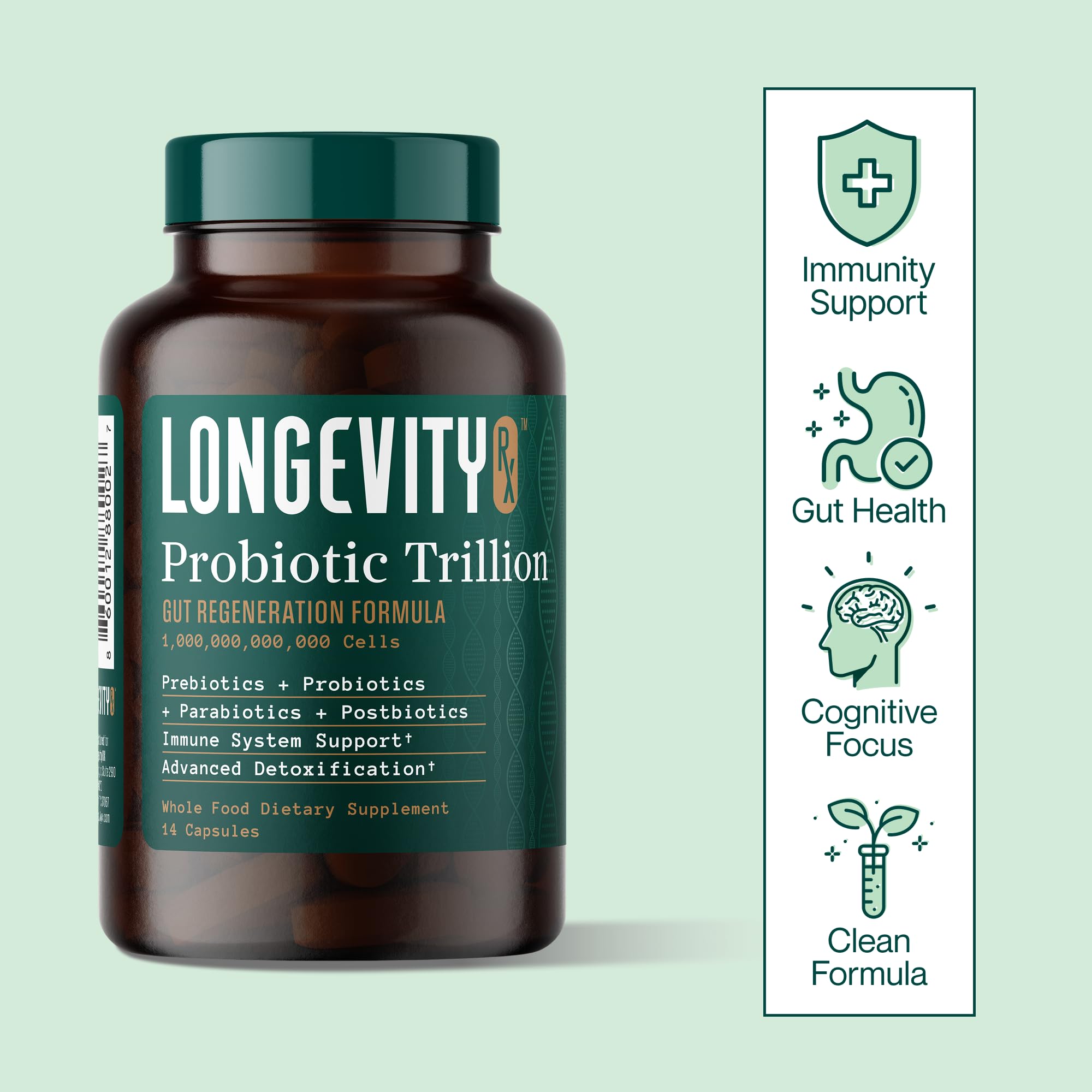 Longevity Rx Probiótico Trillón, caja lateral, datos de uso y duración de 30 días