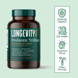 Longevity Rx Probiótico Trillón, caja lateral, datos de uso y duración de 30 días