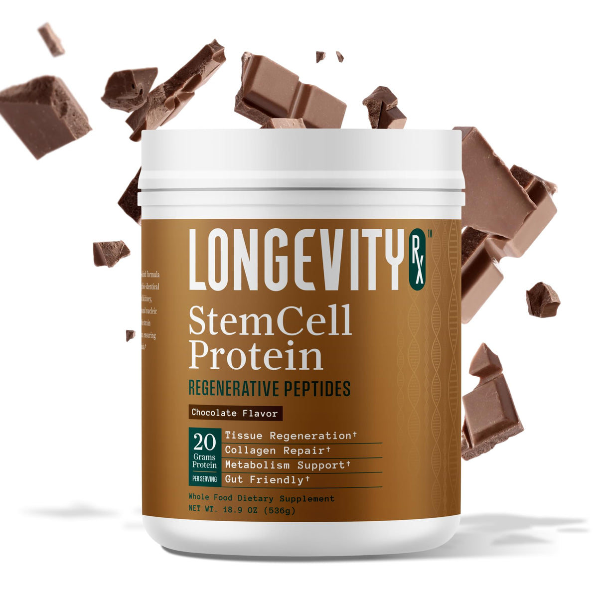 Longevity Rx Proteína de Células Madre Chocolate en envase, ideal para uso diario.