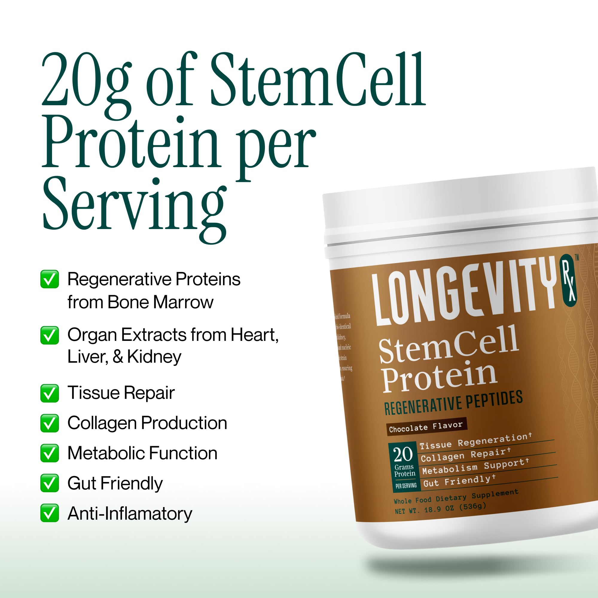 Longevity Rx Proteína de Células Madre Chocolate, mezcla de ingredientes naturales para nutrición diaria.