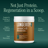 Longevity Rx Proteína de Células Madre Chocolate, textura cremosa para mezclar fácilmente.