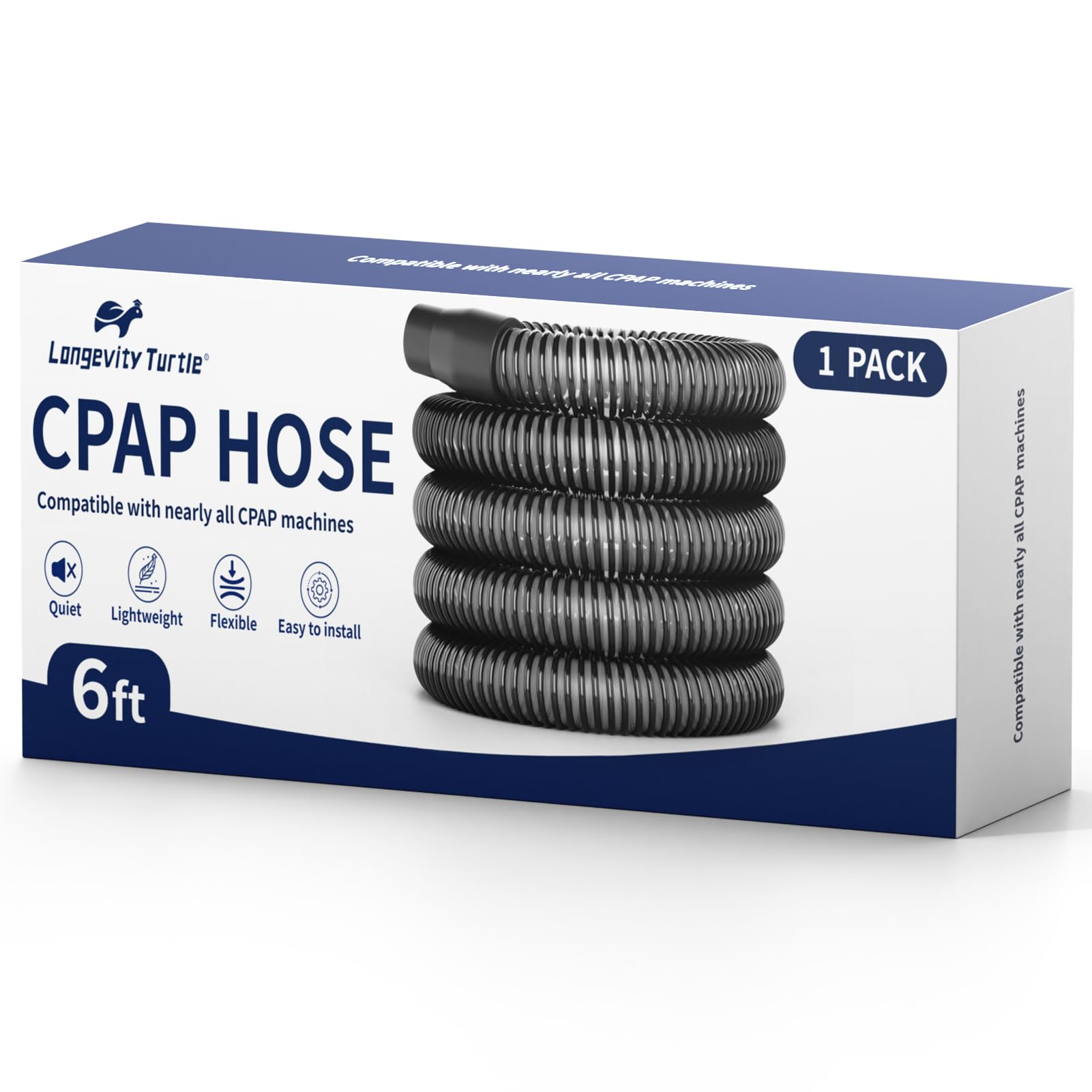 Longevity Turtle manguera CPAP de 6 pies, ajuste universal para uso nocturno cómodo.